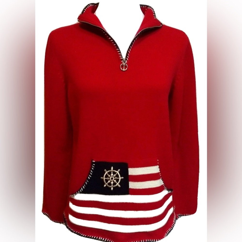 Liz Claiborne Red Nautical Pullover with Flag Pocket